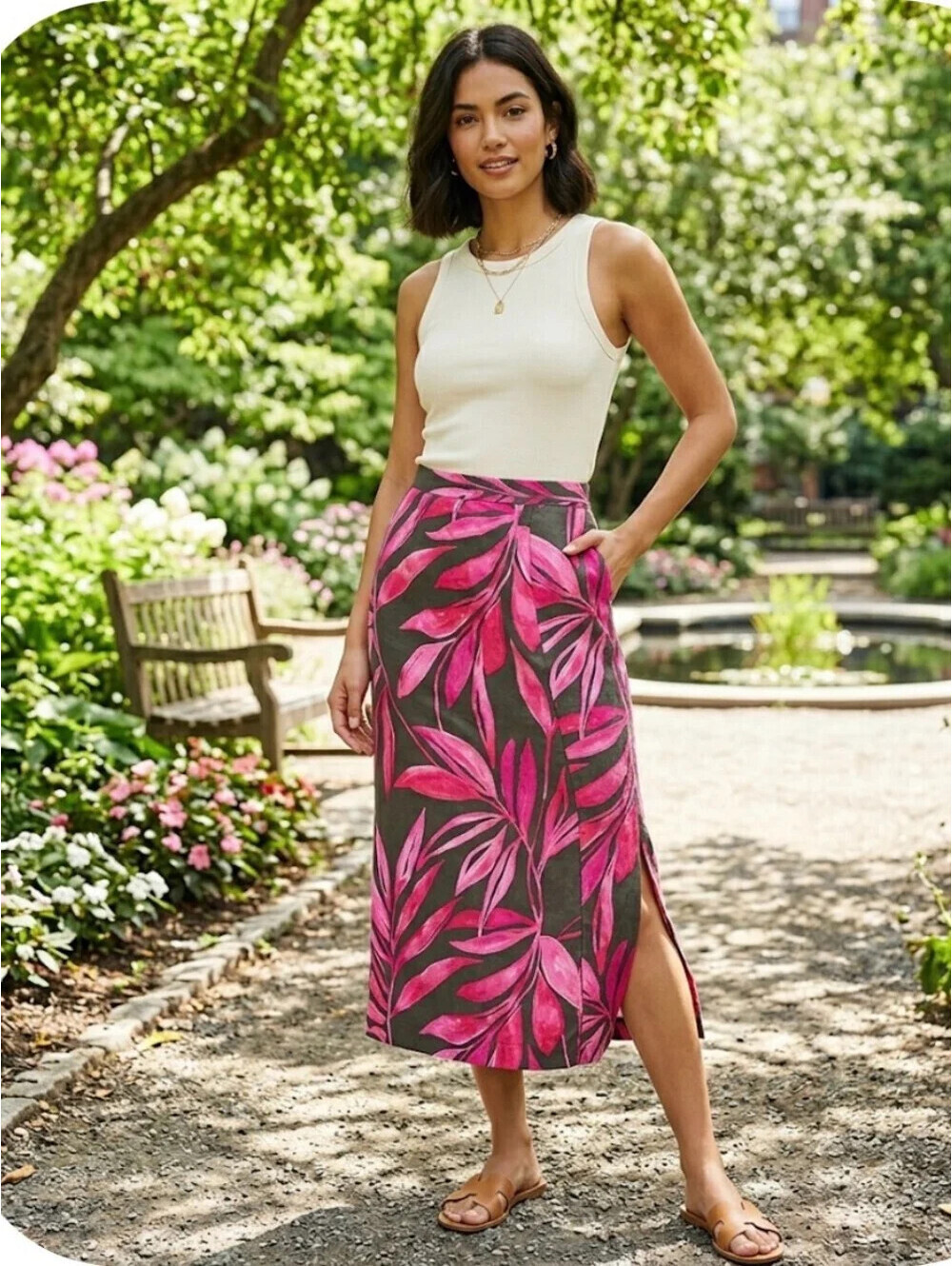 Time & Tru Women XXL 20 Pink Olive Green Tropical Palm Linen Bl Midi Skirt NWT